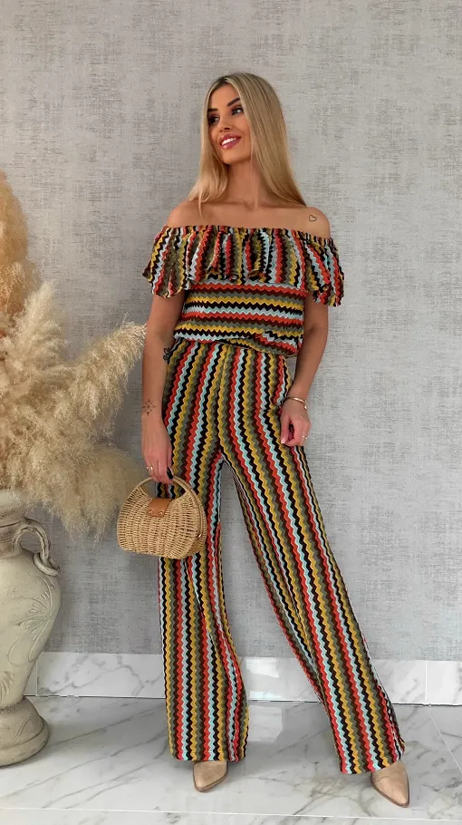 Oryginalny komplet w kolorowe paski bluzka hiszpanka + spodnie ONE SIZE - R886