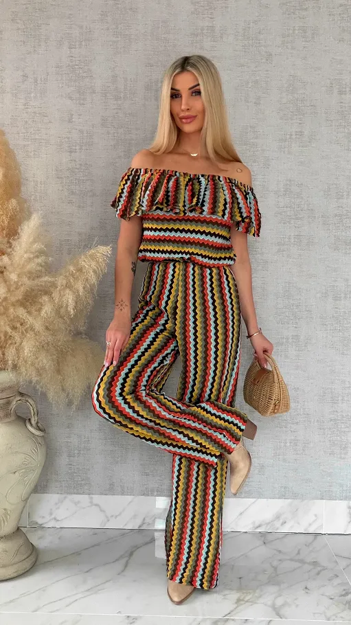 Oryginalny komplet w kolorowe paski bluzka hiszpanka + spodnie ONE SIZE - R886