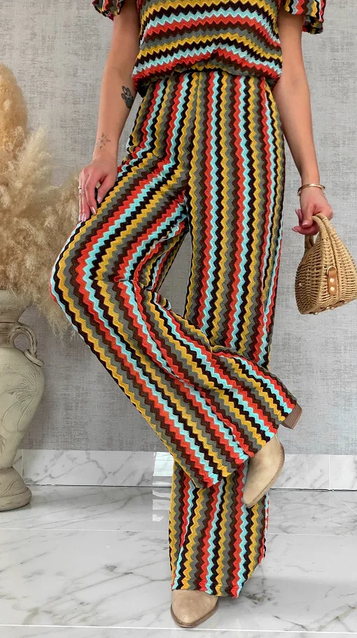 Oryginalny komplet w kolorowe paski bluzka hiszpanka + spodnie ONE SIZE - R886