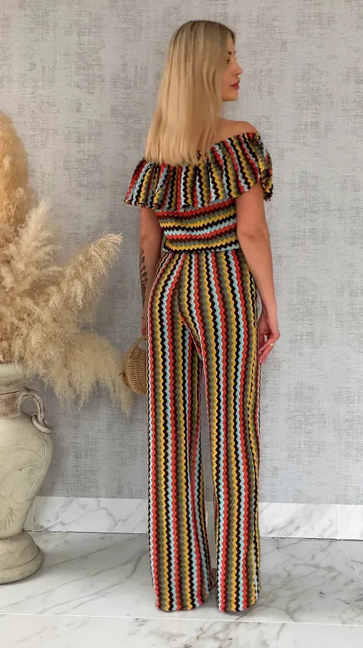 Oryginalny komplet w kolorowe paski bluzka hiszpanka + spodnie ONE SIZE - R886