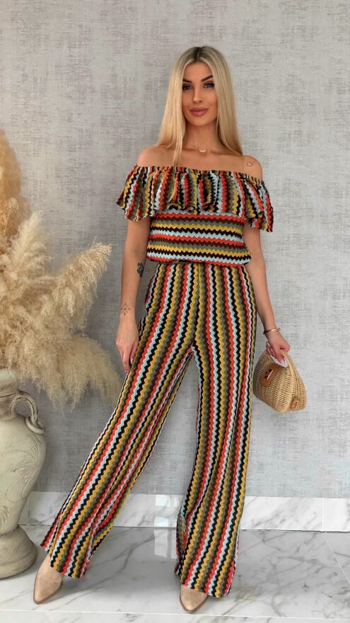 Oryginalny komplet w kolorowe paski bluzka hiszpanka + spodnie ONE SIZE - R886