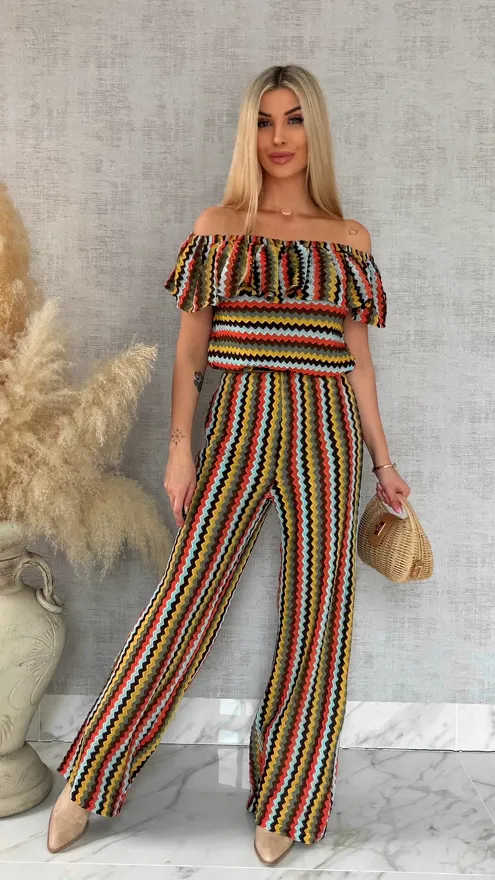 Oryginalny komplet w kolorowe paski bluzka hiszpanka + spodnie ONE SIZE - R886