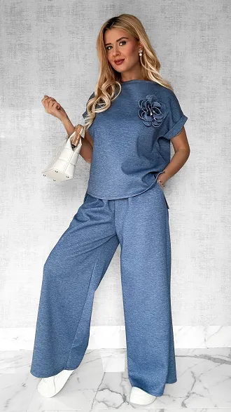 Wygodny komplet w kolorze JEANSOWYM bluza + spodnie ONE SIZE - P444