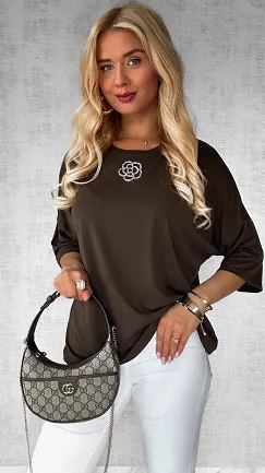 Czekoladowa luźna bluzka z kamelią ONE SIZE wiskoza - P788A