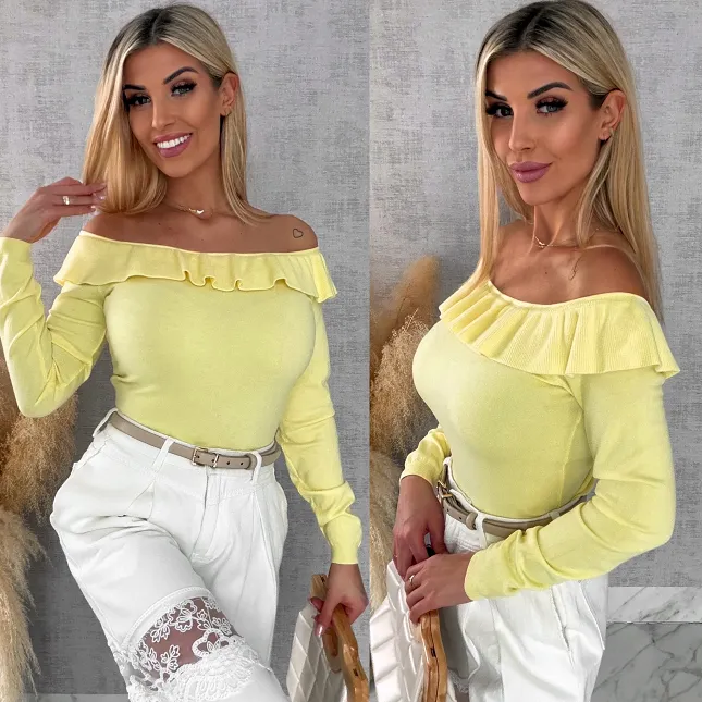 Mięciutki lekki sweter z wiskozy z falbanką ŻÓŁTY one size - R649A