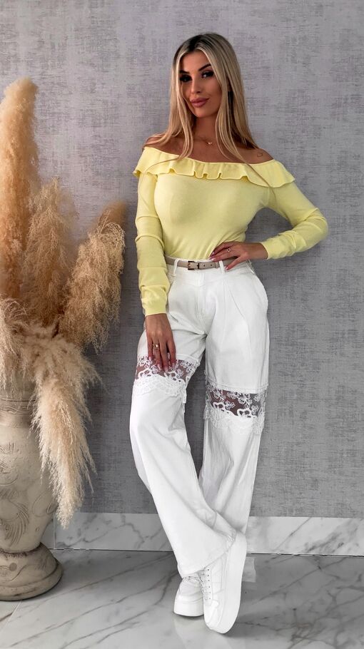 Mięciutki lekki sweter z wiskozy z falbanką ŻÓŁTY one size - R649A