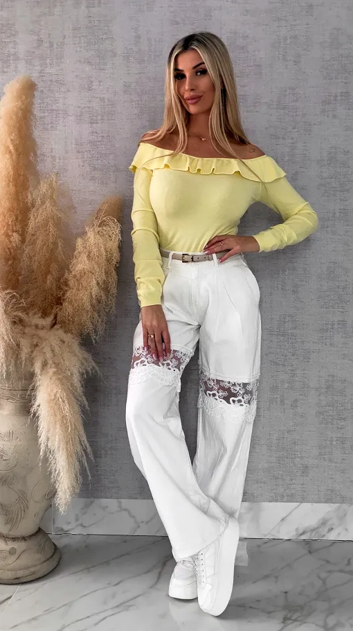 Mięciutki lekki sweter z wiskozy z falbanką ŻÓŁTY one size - R649A