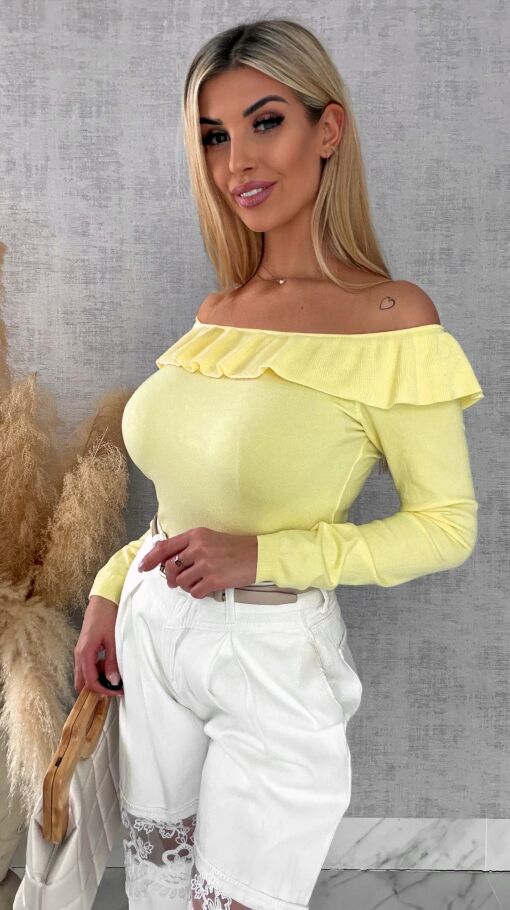 Mięciutki lekki sweter z wiskozy z falbanką ŻÓŁTY one size - R649A