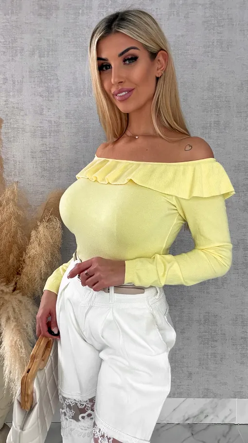Mięciutki lekki sweter z wiskozy z falbanką ŻÓŁTY one size - R649A