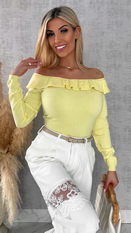 Mięciutki lekki sweter z wiskozy z falbanką ŻÓŁTY one size - R649A