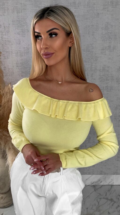 Mięciutki lekki sweter z wiskozy z falbanką ŻÓŁTY one size - R649A
