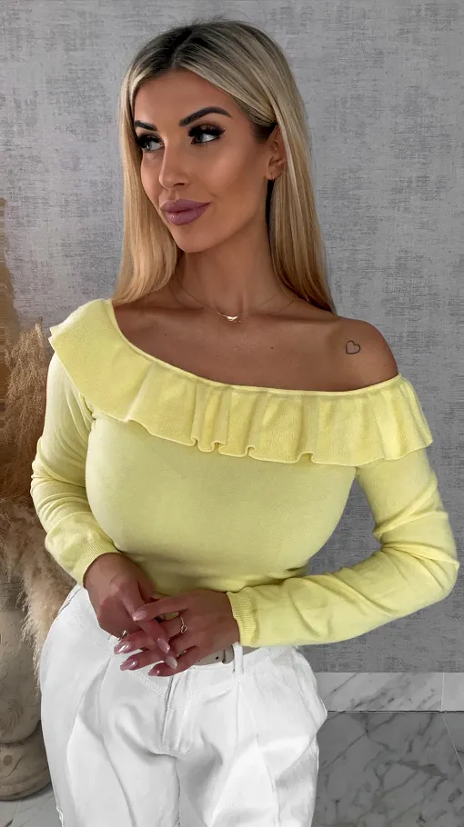 Mięciutki lekki sweter z wiskozy z falbanką ŻÓŁTY one size - R649A