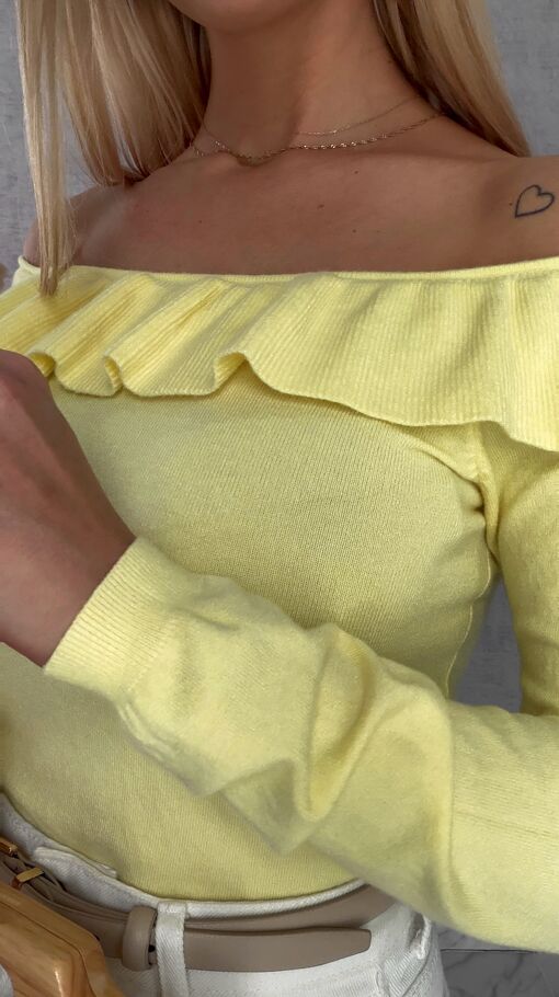 Mięciutki lekki sweter z wiskozy z falbanką ŻÓŁTY one size - R649A