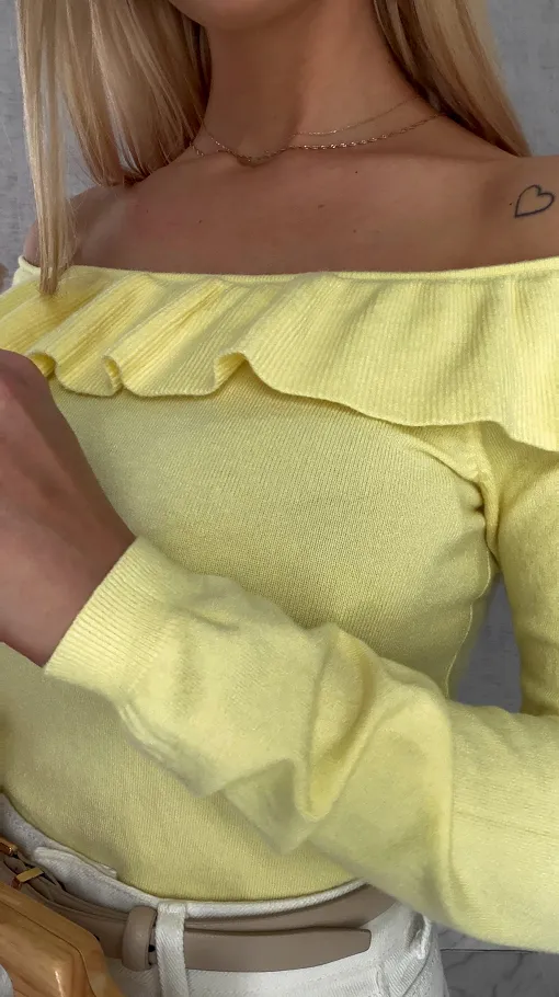 Mięciutki lekki sweter z wiskozy z falbanką ŻÓŁTY one size - R649A