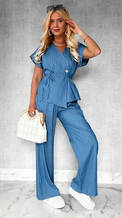 Miękki jeansowy komplet w paski ONE SIZE bawełniany JASNY - P728A