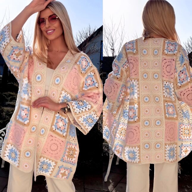 Wiosenna szydełkowa narzutka ONE SIZE różowo-niebieska - R645E