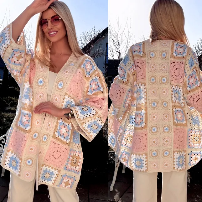 Wiosenna szydełkowa narzutka ONE SIZE różowo-niebieska - R645E