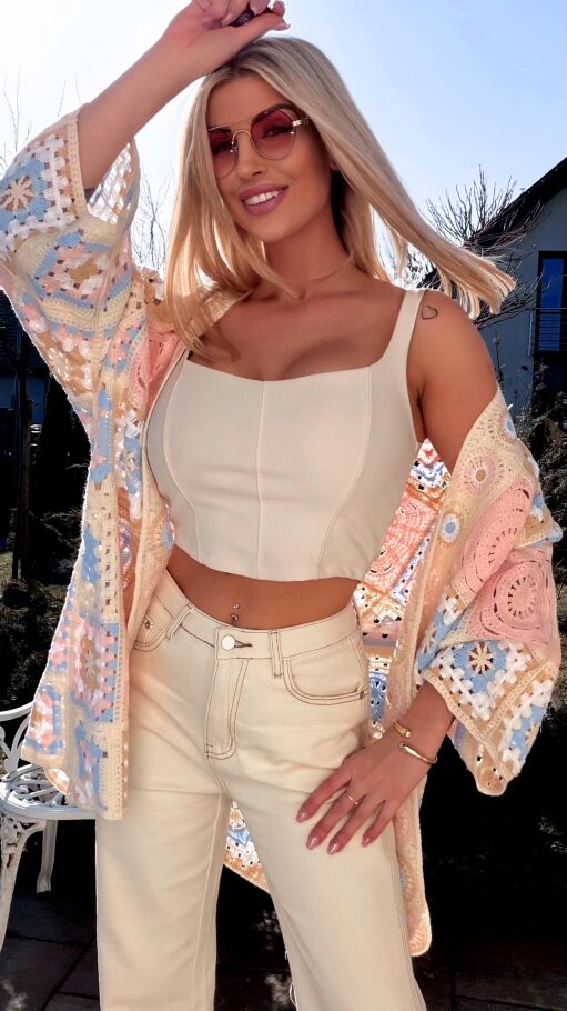 Wiosenna szydełkowa narzutka ONE SIZE różowo-niebieska - R645E