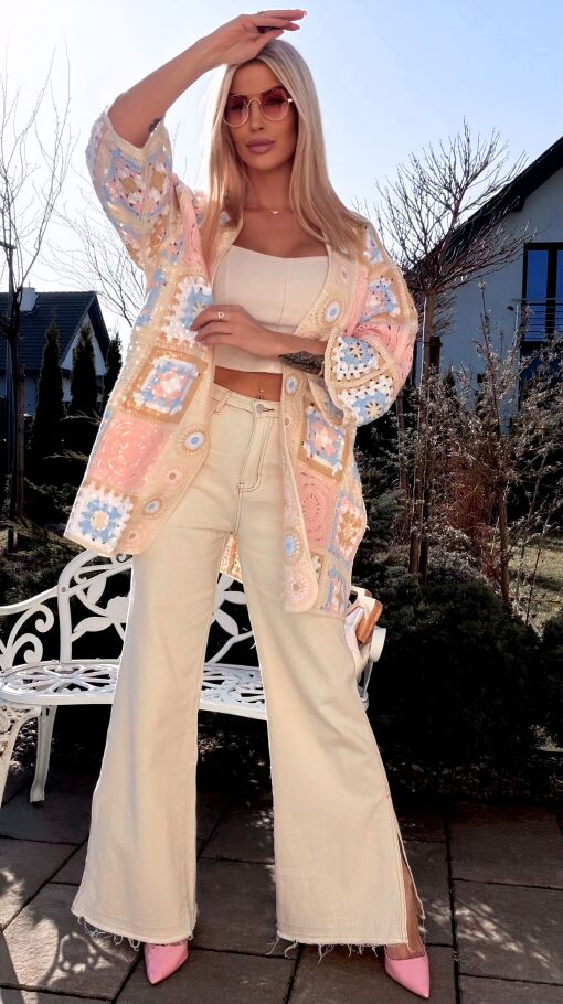 Wiosenna szydełkowa narzutka ONE SIZE różowo-niebieska - R645E