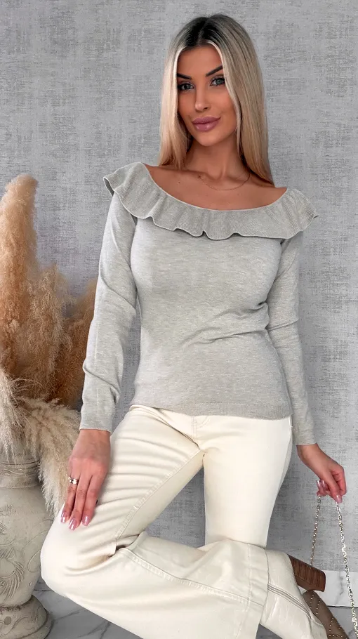 Mięciutki lekki sweter z wiskozy z falbanką BEŻ one size - R649