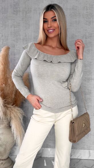 Mięciutki lekki sweter z wiskozy z falbanką BEŻ one size - R649
