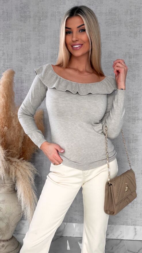 Mięciutki lekki sweter z wiskozy z falbanką BEŻ one size - R649