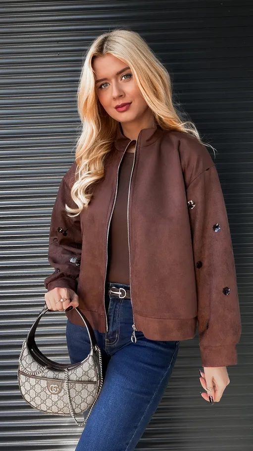Zamszowa bluza na zamek zdobiona cekinami CZEKOLADOWA - R284A