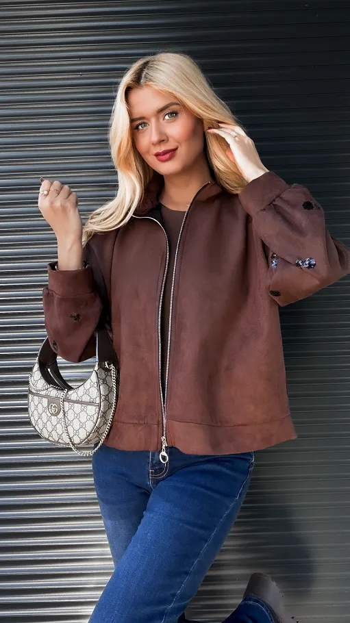 Zamszowa bluza na zamek zdobiona cekinami CZEKOLADOWA - R284A