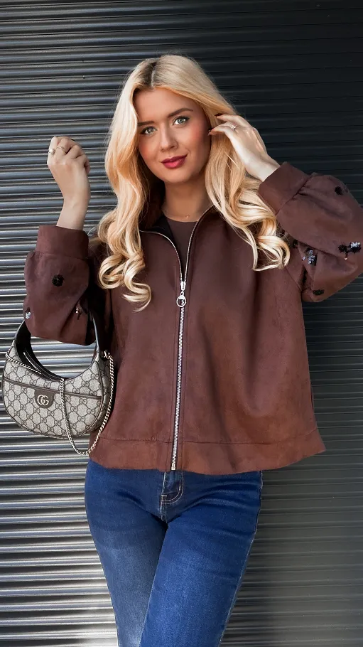 Zamszowa bluza na zamek zdobiona cekinami CZEKOLADOWA - R284A