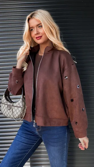 Zamszowa bluza na zamek zdobiona cekinami CZEKOLADOWA - R284A