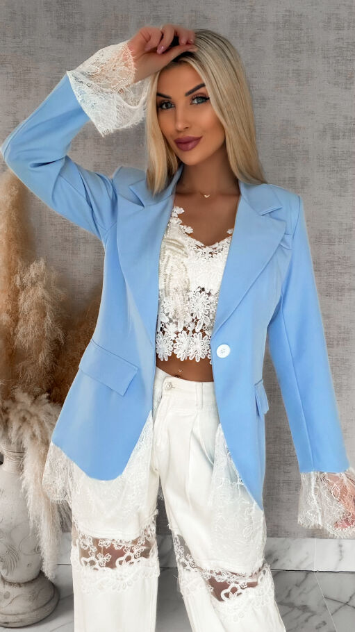 Elegancka niebieska marynarka wykończona koronką ONE SIZE - R899C