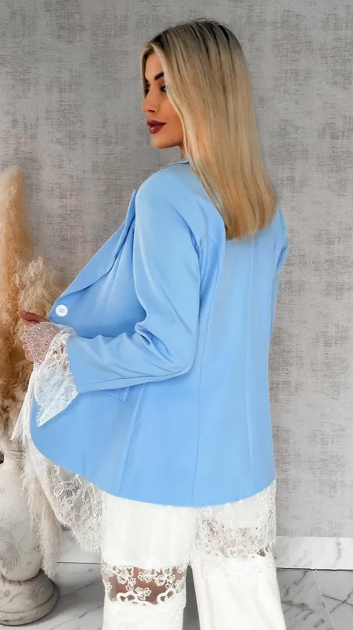 Elegancka niebieska marynarka wykończona koronką ONE SIZE - R899C