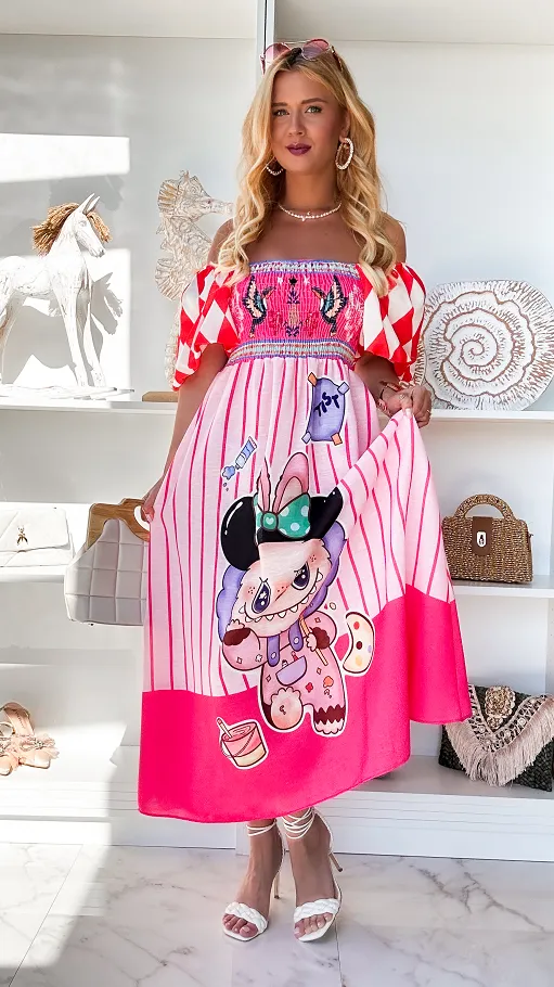 Różowa MAXI lniana sukienka hiszpanka z elastycznym dekoltem ONE SIZE - P847