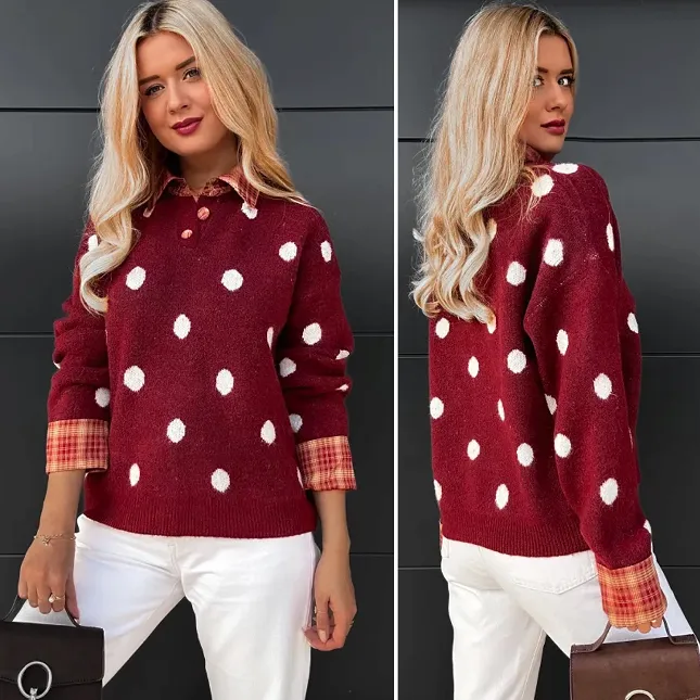 Stylowy bordowy sweter w grochy ONE SIZE - R094