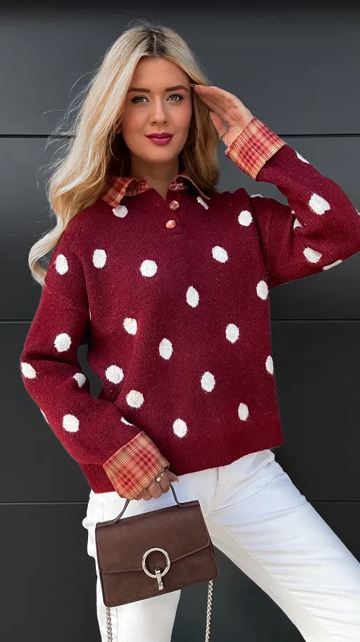 Stylowy bordowy sweter w grochy ONE SIZE - R094