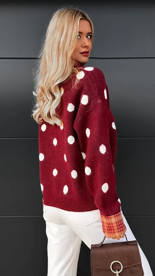 Stylowy bordowy sweter w grochy ONE SIZE - R094