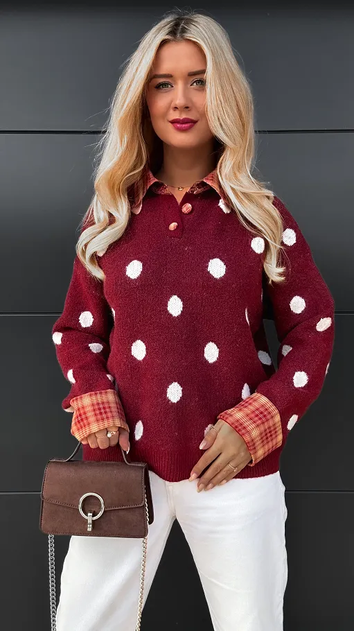 Stylowy bordowy sweter w grochy ONE SIZE - R094
