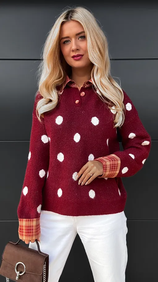 Stylowy bordowy sweter w grochy ONE SIZE - R094