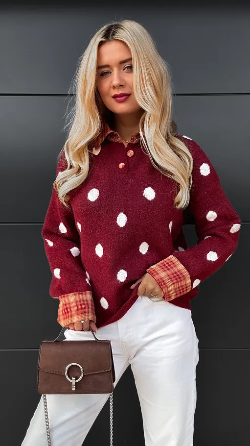Stylowy bordowy sweter w grochy ONE SIZE - R094