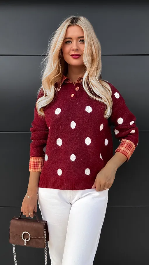 Stylowy bordowy sweter w grochy ONE SIZE - R094