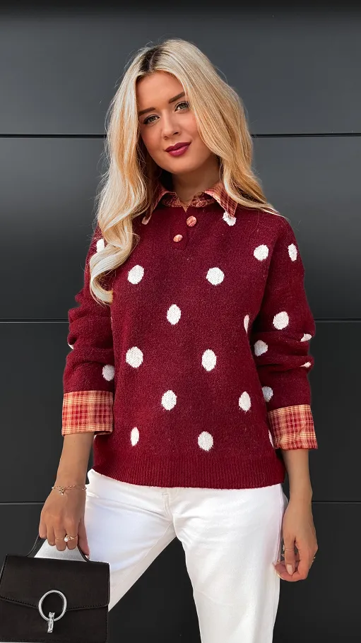 Stylowy bordowy sweter w grochy ONE SIZE - R094
