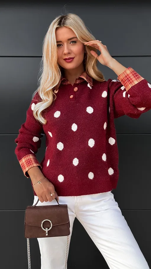Stylowy bordowy sweter w grochy ONE SIZE - R094
