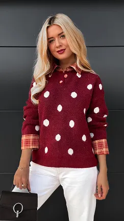 Stylowy bordowy sweter w grochy ONE SIZE - R094