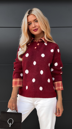 Stylowy bordowy sweter w grochy ONE SIZE - R094