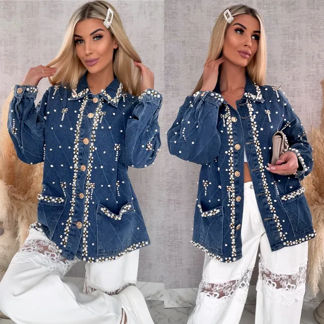 Wyjątkowa katana jeansowa cała w perełki ONE SIZE blue jeans - R606