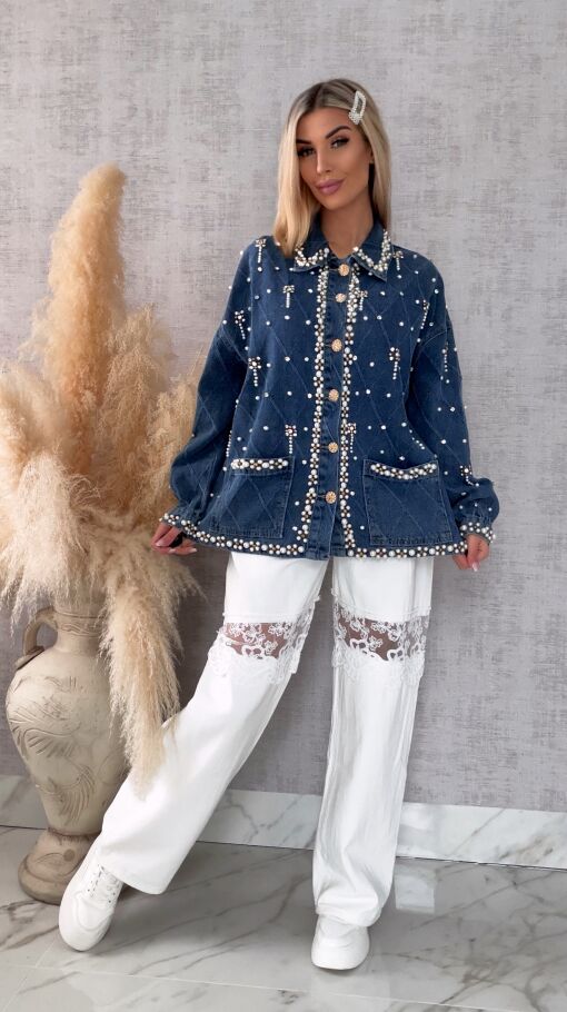Wyjątkowa katana jeansowa cała w perełki ONE SIZE blue jeans - R606