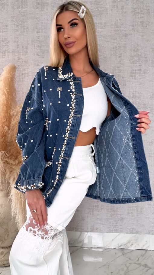 Wyjątkowa katana jeansowa cała w perełki ONE SIZE blue jeans - R606