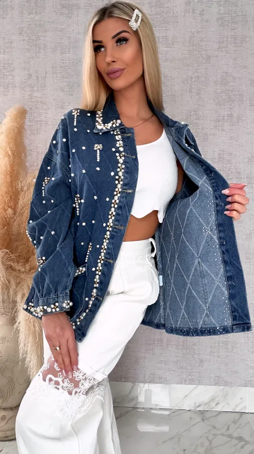 Wyjątkowa katana jeansowa cała w perełki ONE SIZE blue jeans - R606