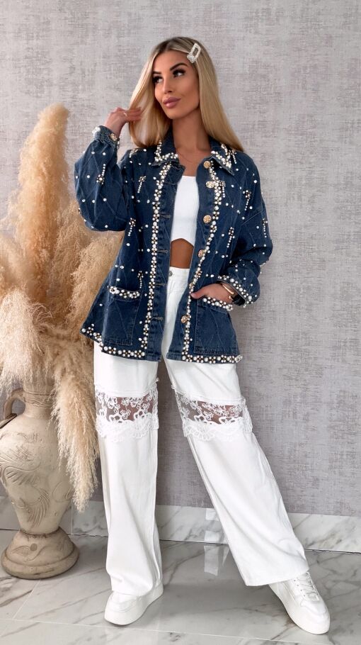 Wyjątkowa katana jeansowa cała w perełki ONE SIZE blue jeans - R606
