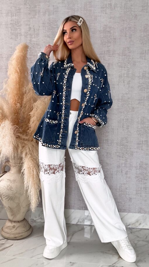 Wyjątkowa katana jeansowa cała w perełki ONE SIZE blue jeans - R606